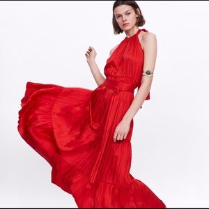 ZARA Red Halter Maxi Dress with Sash